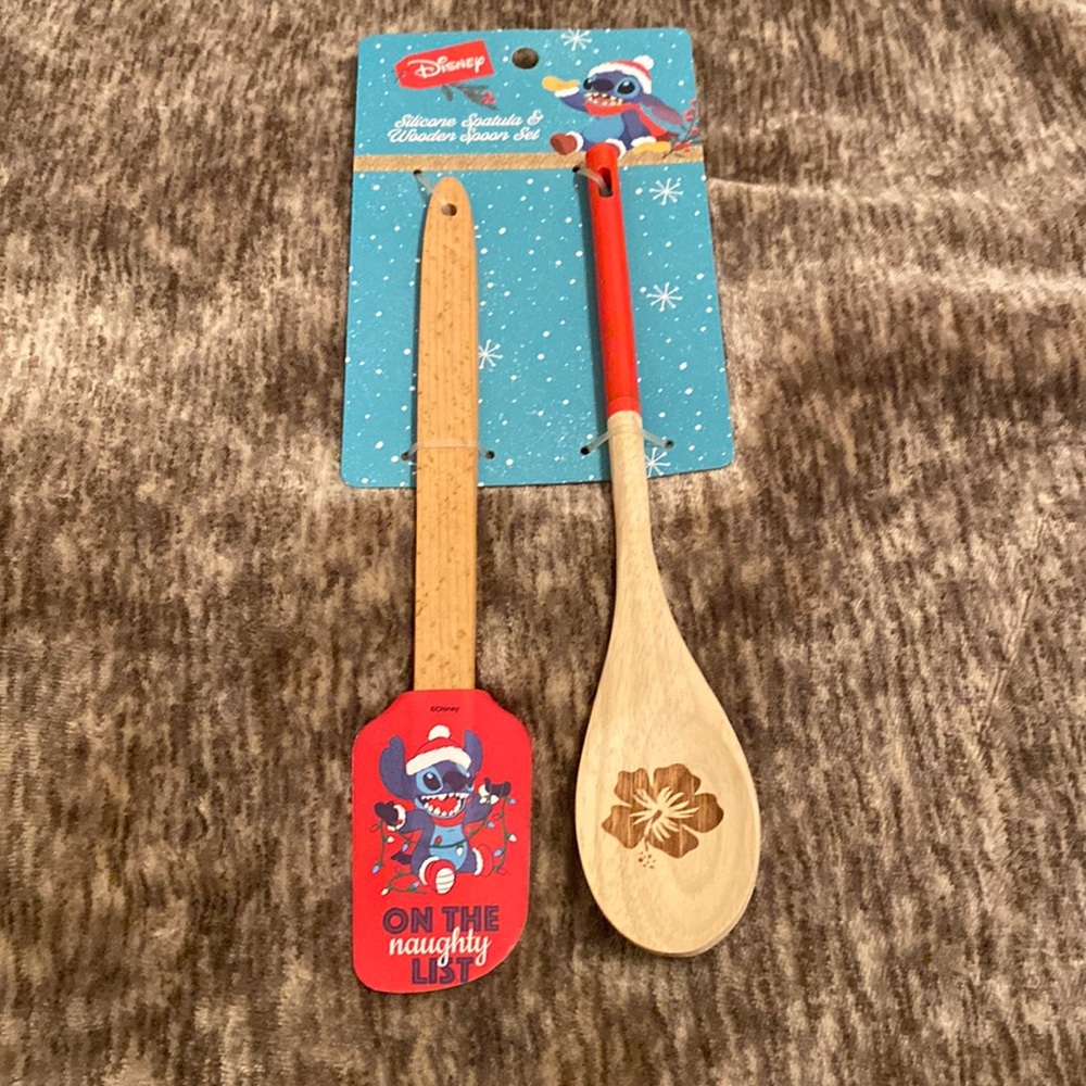 Disney Lilo & Stitch Christmas Holiday Winter Silicon Spatula & Wooden Spoon Set
